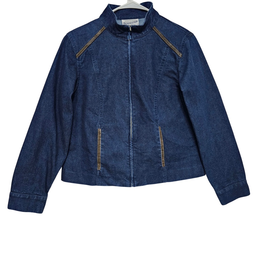 Pendleton Denim Zip Jacket Petite Sm Western Casual Ranchwear Faux Leather Trim